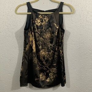 T Tahari Deep Brown Gold Floral Drape Neck Evening Cocktail Sleeveless Blouse